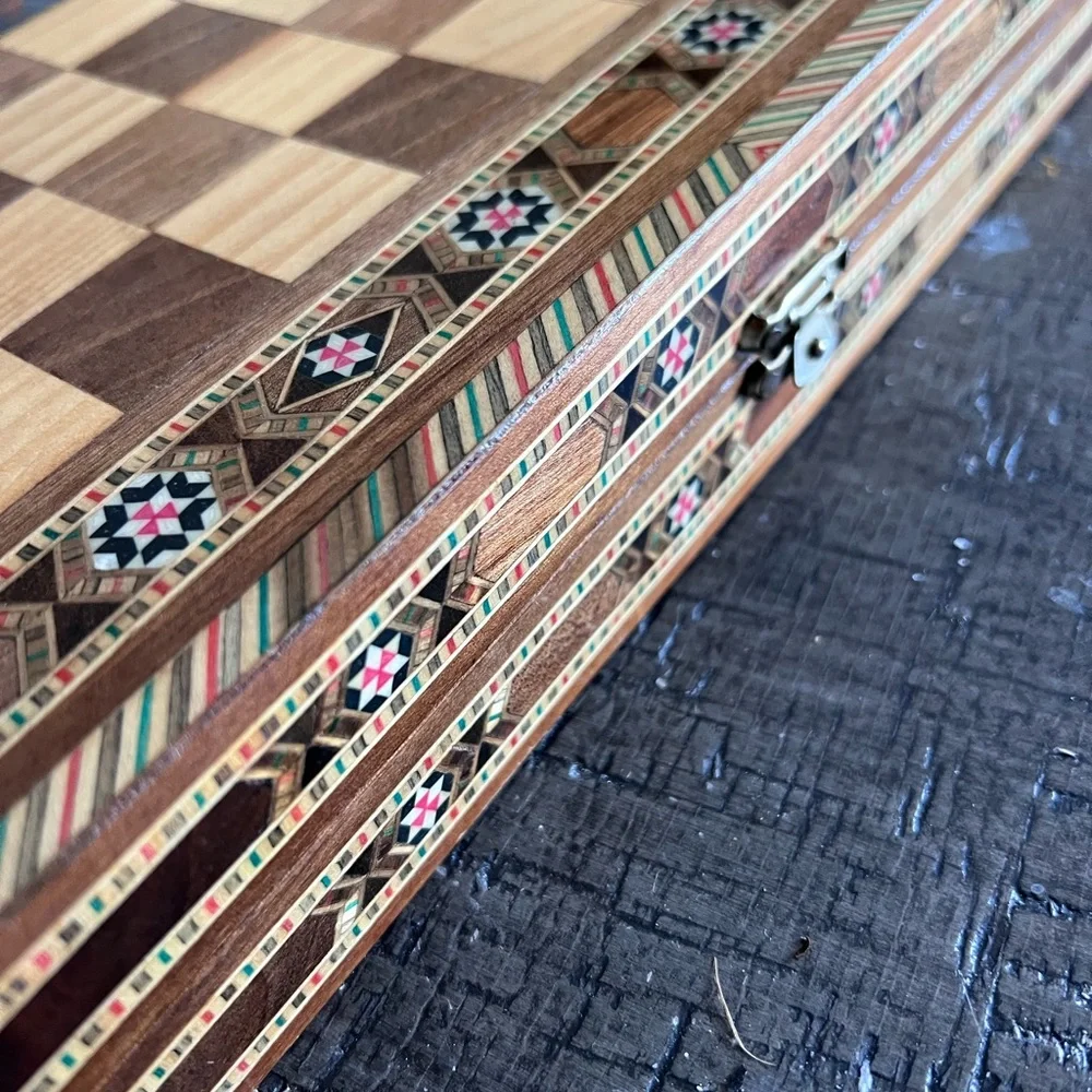 Vintage Chess Checkers and Backgammon Game Set Mosaic Wooden Walnut board - Picture 6 of 6